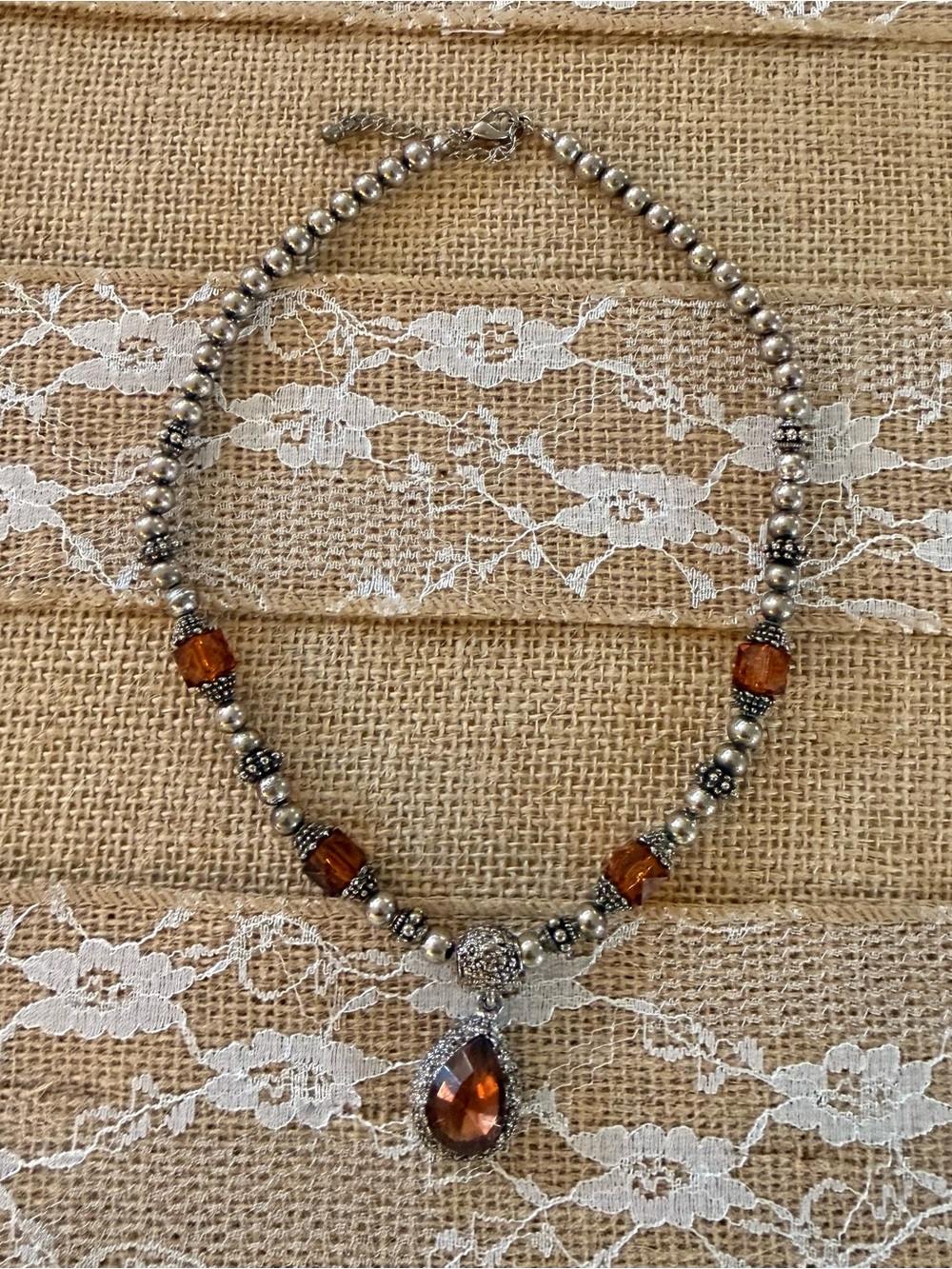 Silver-Tone Necklace with Amber tone Teardrop Pendant